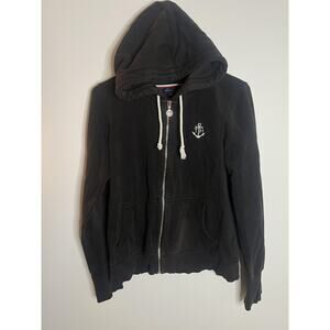 Tommy Hilfiger Hoodie Women Small Black Anchor Logo Full Zip Sweatshirt Nautical